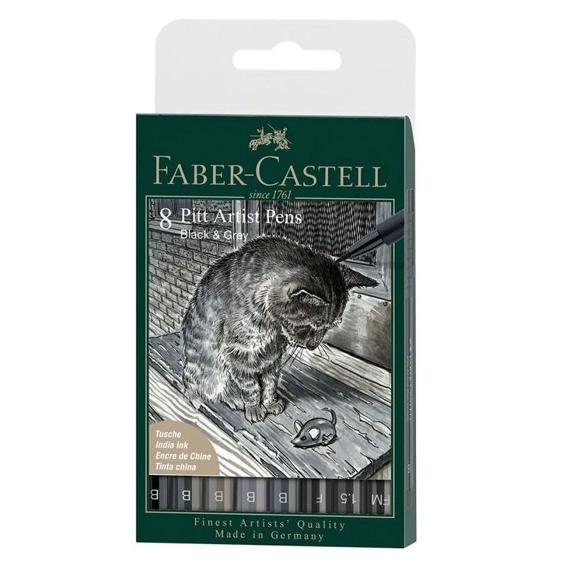 FABER-CASTELL PITT Artist Pen, set 8ks Black & Grey