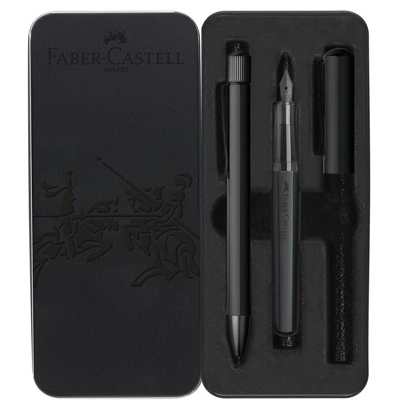 FABER-CASTELL plnící a kuličkové pero Hexo, 2ks černé v kovové krabičce