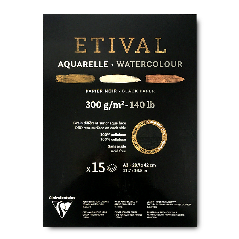 Blok CLAIREFONTAINE Etival Black CP/R, A3, 300g, 15 listů