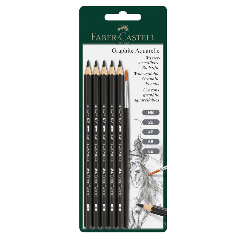FABER-CASTELL grafitové tužky GRAPHITE AQUARELLE, 5ks + štětec