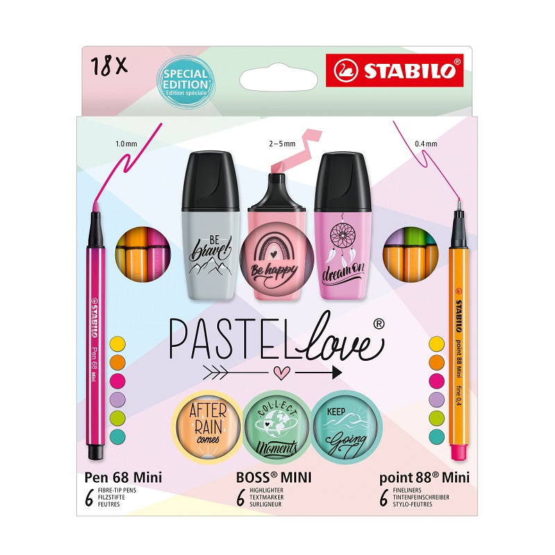 Sada STABILO Mini World, 18ks Pastel Love point 88, Pen 68 a BOSS