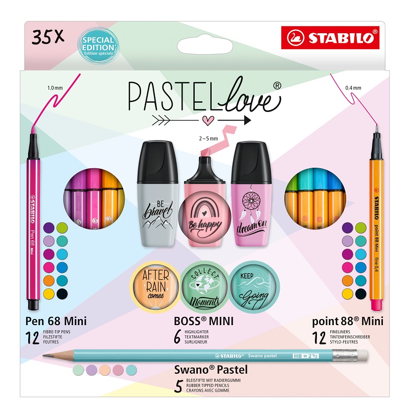Sada STABILO Mini World, 35ks Pastel Love point 88, Pen 68, BOSS a Swano