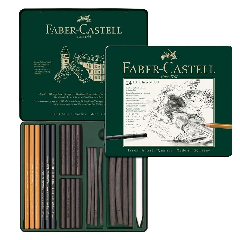 FABER-CASTELL uhlové tužky Pitt MONOCHROME Charcoal, 24ks v kovové krabičce