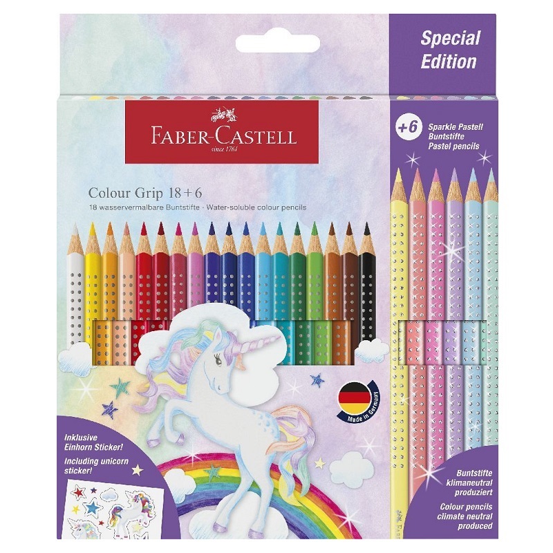 Školní akvarelové pastelky FABER-CASTELL Grip Unicorn, 18ks + 6ks třpytivé