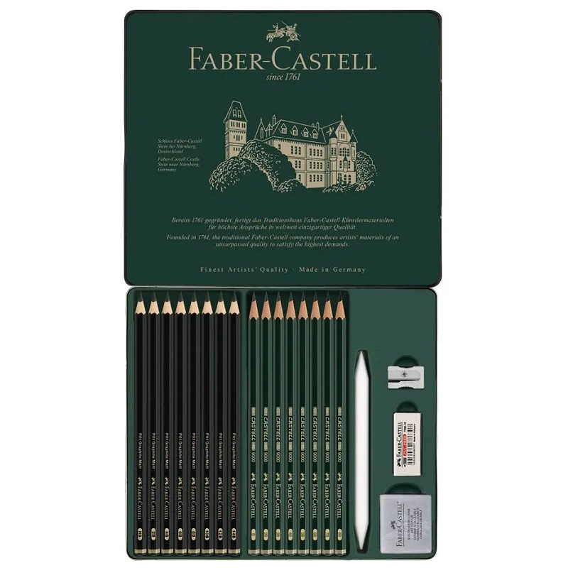 FABER-CASTELL grafitové tužky Pitt GRAPHITE MATT a CASTELL 9000, 20ks v kovové krabičce