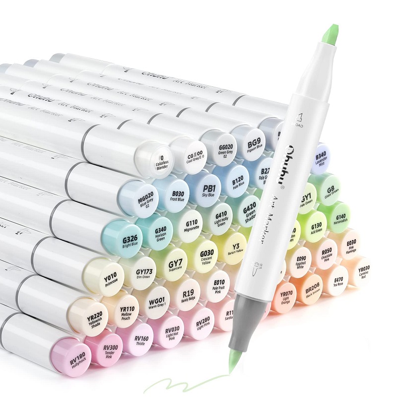 Lihové fixy OHUHU oboustranné Brush & Chisel, 48ks pastelové nr.2 + blender