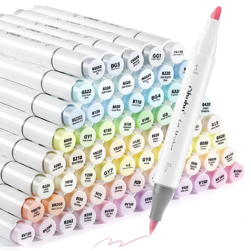 Lihové fixy OHUHU oboustranné Brush & Chisel, 96ks pastelové + blender