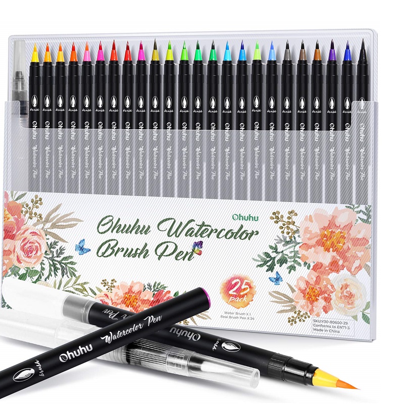 Akvarelové fixy OHUHU Watercolor Brush Pen, 24ks + vodní štětec