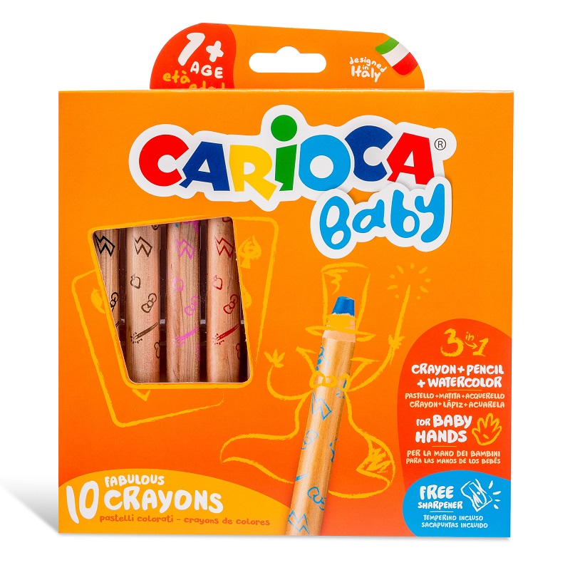 Pastelky CARIOCA dětské 3v1 Baby 1+, 10ks s ořezávátkem