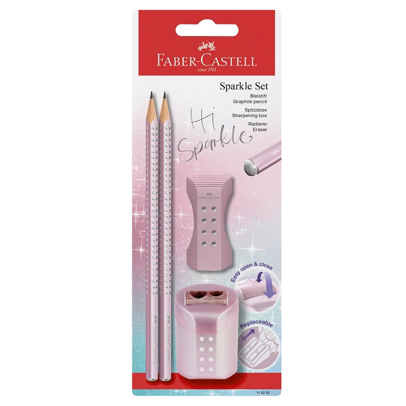 FABER-CASTELL grafitová tužka Grip Sparkle B, 2ks růžová + příslušenství