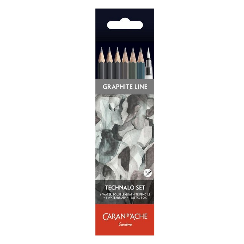 Grafitová skicovací sada CARAN D'ACHE Graphite Line, 6ks + štětec se zásobníkem na vodu