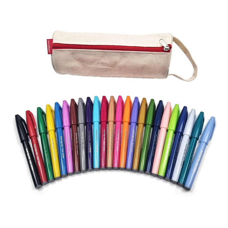 PENTEL Touch Brush Sign Pen, 24ks ALL COLORS v béžovém penále