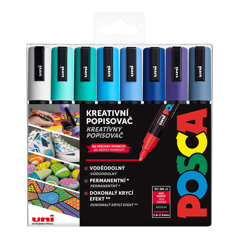 Akrylové fixy UNI POSCA 5M, 8ks modré tóny