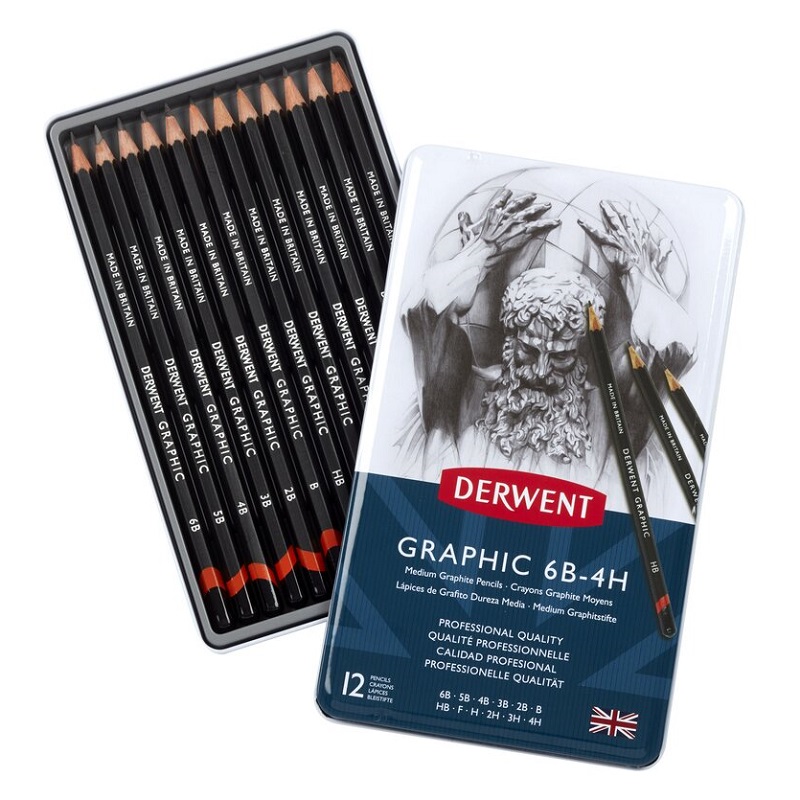 DERWENT Grafitové tužky DERWENT, 12ks Medium v kovové krabičce
