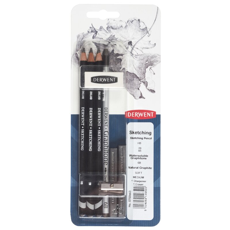 Grafitové tužky DERWENT Sketching, 6ks Mix + příslušenství