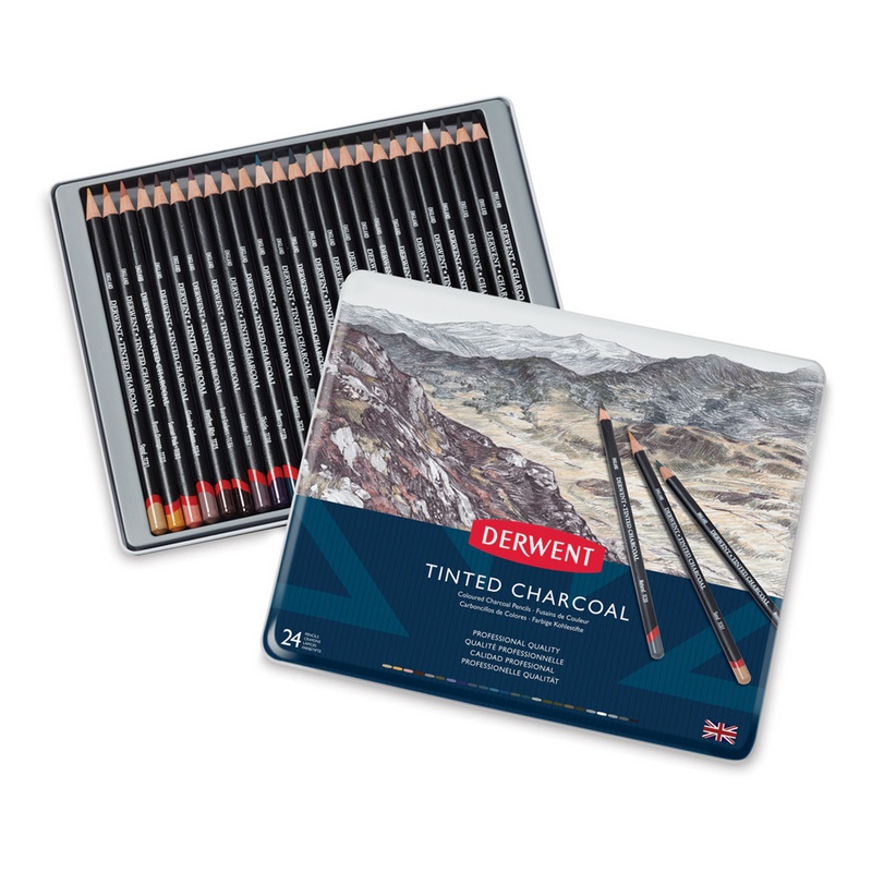 Uhlové tužky DERWENT Tinted, 24ks v kovové krabičce