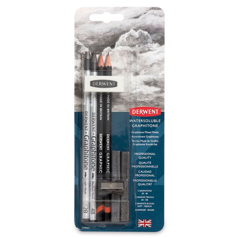 Akvarelový grafit v tužce DERWENT Graphitone, 6ks Mix + příslušenství