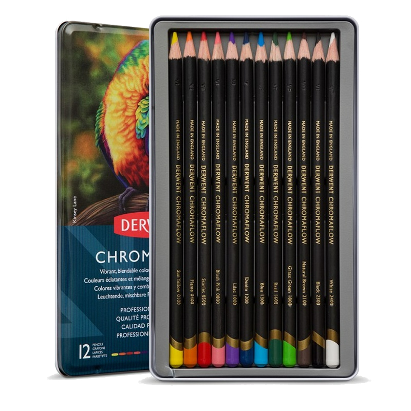 Pigmentové pastelky DERWENT Chromaflow, 12ks v kovové krabičce