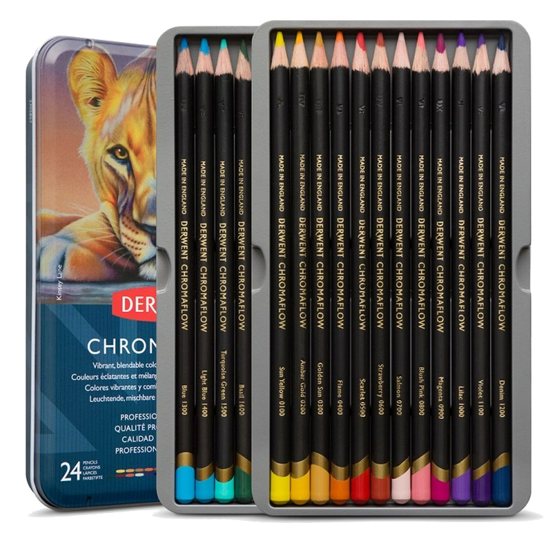 Pigmentové pastelky DERWENT Chromaflow, 24ks v kovové krabičce