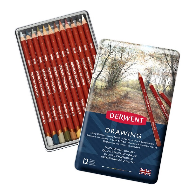 Umělecké pastelky DERWENT Drawing, 12ks v kovové krabičce