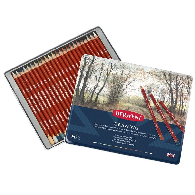 Umělecké pastelky DERWENT Drawing, 24ks v kovové krabičce