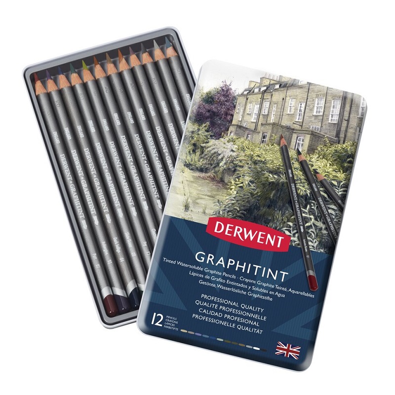 Grafitové pastelky DERWENT Graphitint, 12ks v kovové krabičce