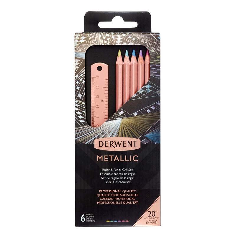 Metalické pastelky DERWENT Metallic, 6ks s měděným pravítkem