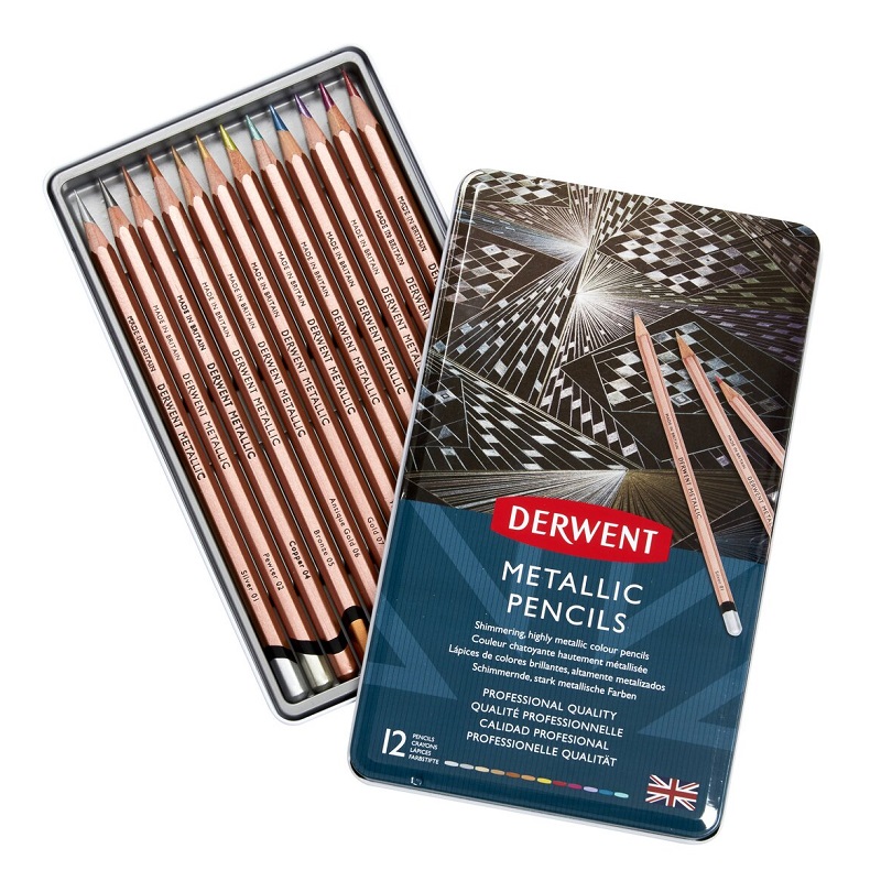 Metalické pastelky DERWENT Metallic, 12ks v kovové krabičce