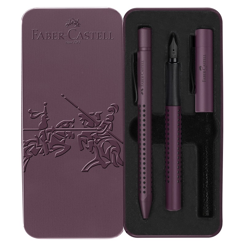 FABER-CASTELL plnící a kuličkové pero Grip Profi, 2ks vínové v kovové krabičce