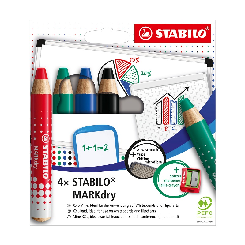 Pastelky STABILO MARKdry na bílé tabule a flipchart, 4ks + příslušenství