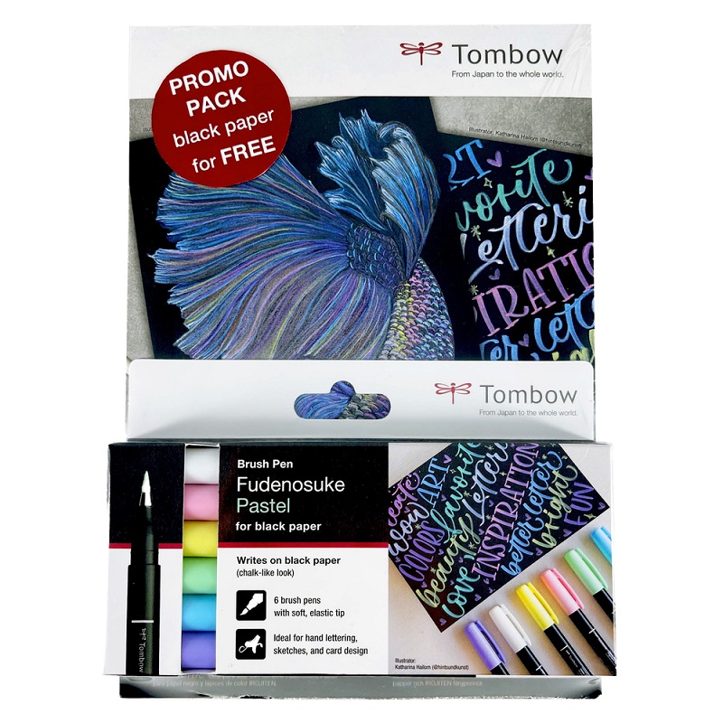 TOMBOW Fudenosuke, 6ks PASTEL + blok s černými papíry
