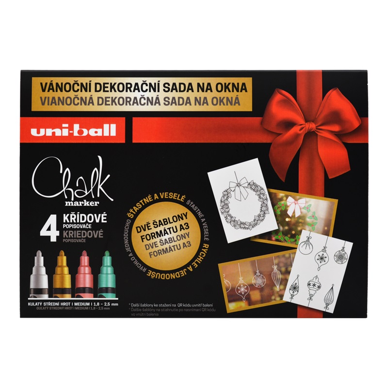 Křídové fixy UNI CHALK 5M, 4ks Vánoční na okna Traditional + 2 šablony A3