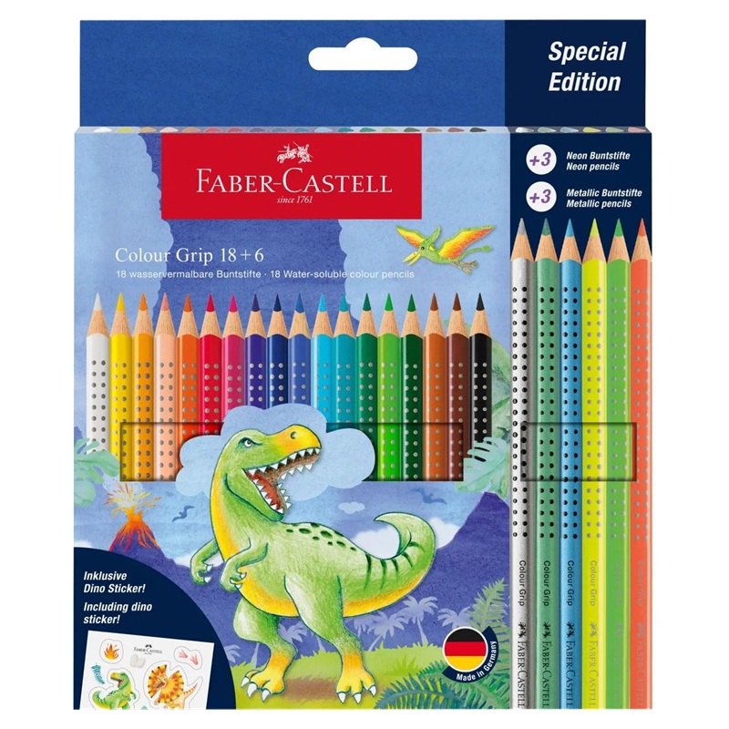 Školní akvarelové pastelky FABER-CASTELL Grip Dinosaurus, 18ks + 6ks metalické a neonové