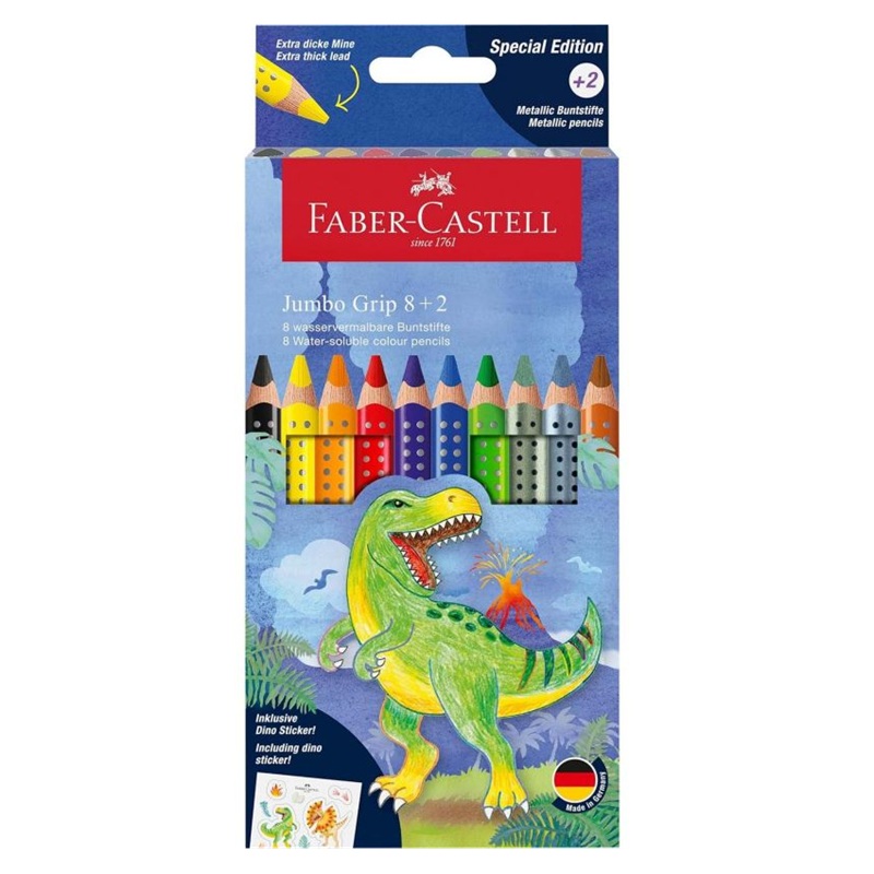 Školní akvarelové pastelky FABER-CASTELL Grip Jumbo Dinosaurus, 8ks + 2ks metalické
