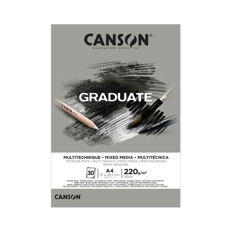 Blok CANSON Graduate Mixed Media A4, 30 listů Grey 220 g