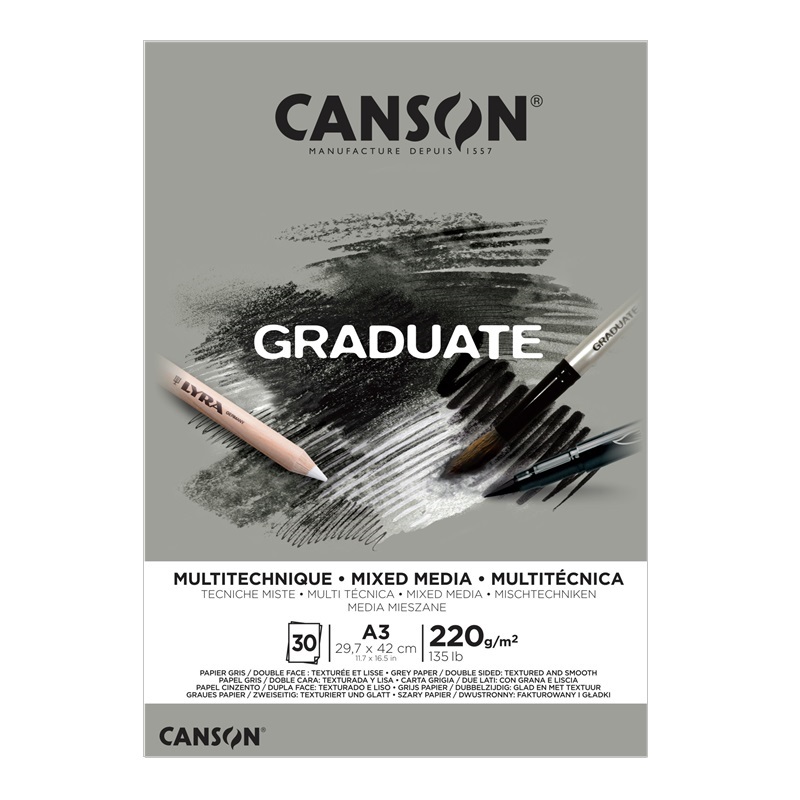 Blok CANSON Graduate Mixed Media A3, 30 listů Grey 220g