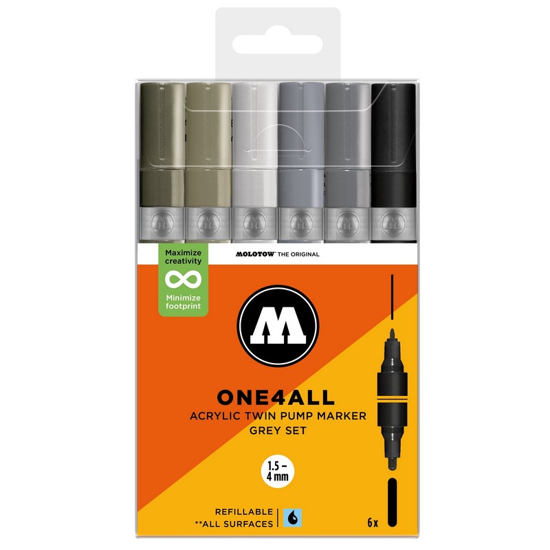 Akrylové fixy MOLOTOW One4All Twin, 6ks Grey Set