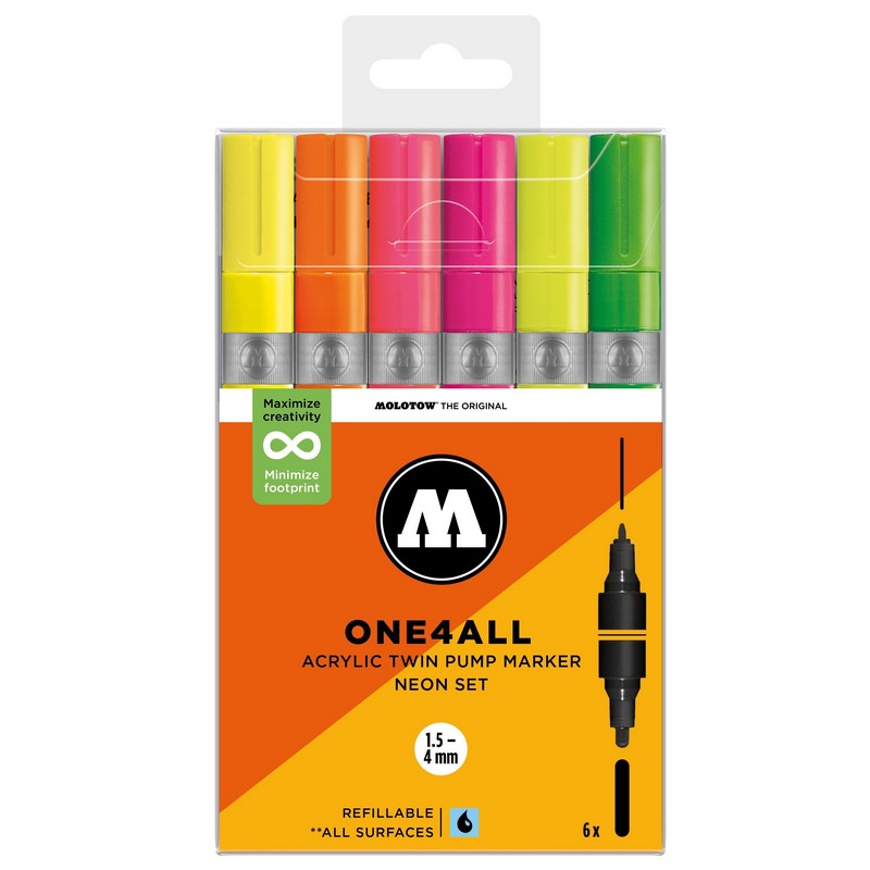 Akrylové fixy MOLOTOW One4All Twin, 6ks Neon Set