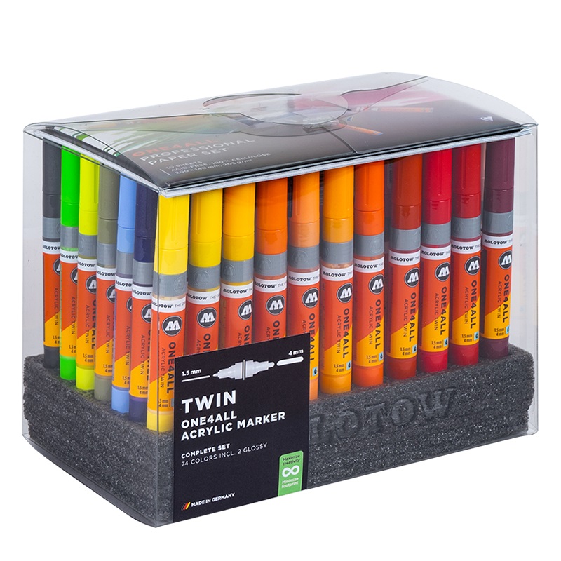 Akrylové fixy MOLOTOW One4All Twin, 74ks Complete Set ve stojánku