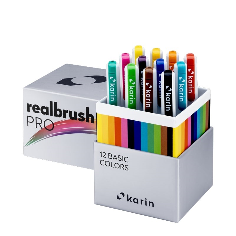 Akvarelové fixy KARIN RealBrush PRO, 12ks Basic Colours