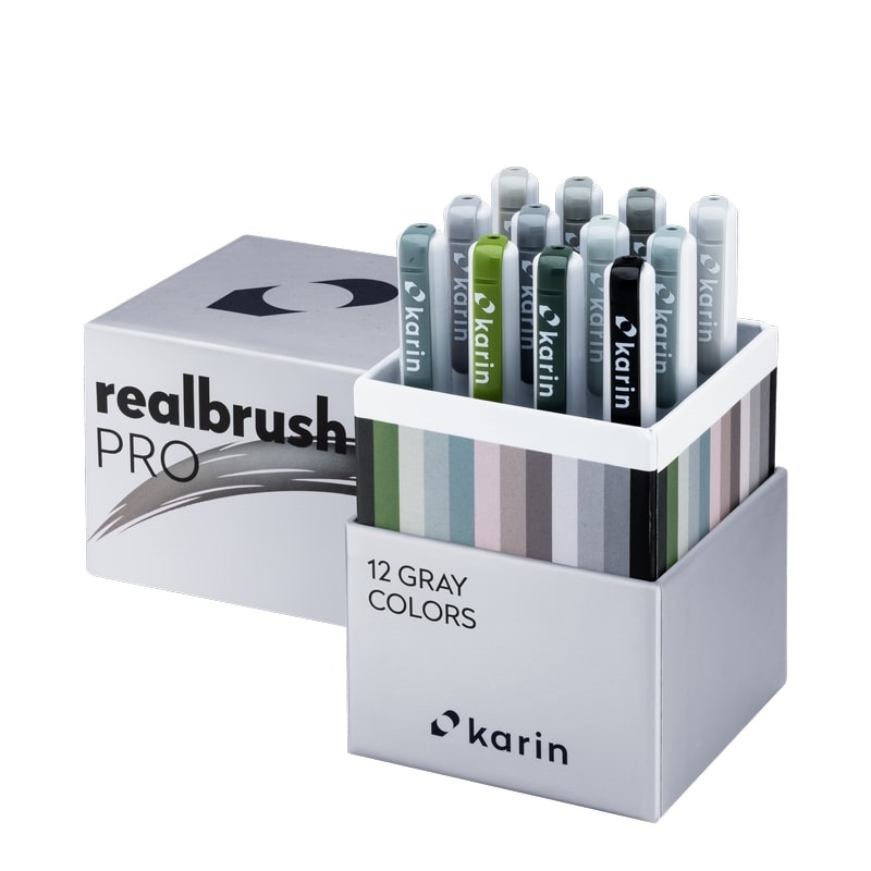 Akvarelové fixy KARIN RealBrush PRO, 12ks Gray Colours