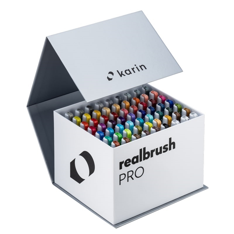 Akvarelové fixy KARIN RealBrush PRO, MegaBox 60ks + 3x blender