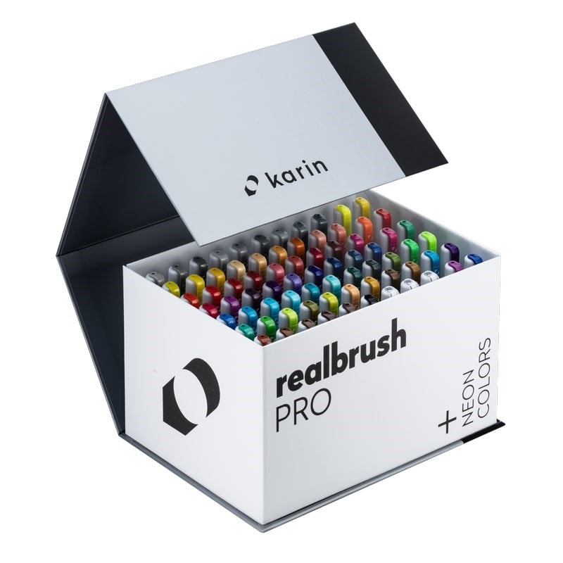 Akvarelové fixy KARIN RealBrush PRO, MegaBoxPlus 72ks + 3x blender