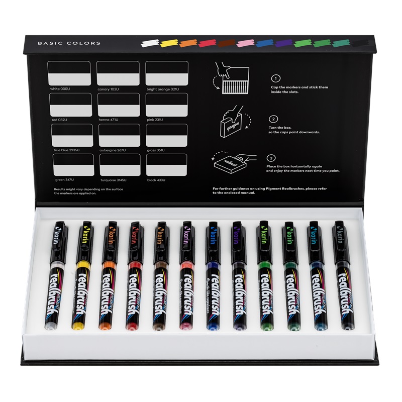 Akrylové fixy KARIN RealBrush Pigment, 12ks Basic Colours