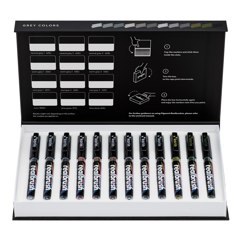 Akrylové fixy KARIN RealBrush Pigment, 12ks Grey Colours
