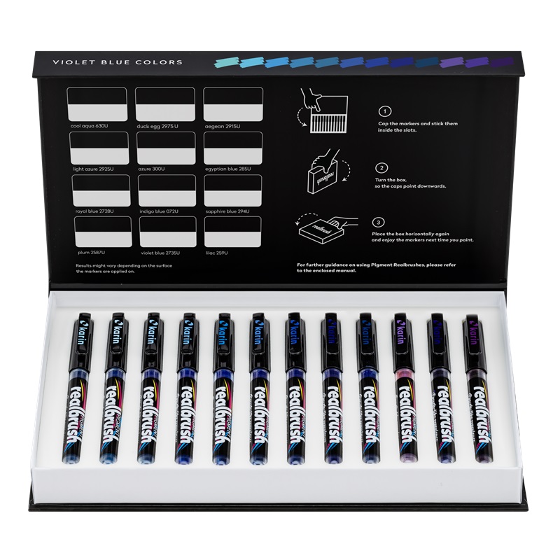 Akrylové fixy KARIN RealBrush Pigment, 12ks Violet-Blue Colours