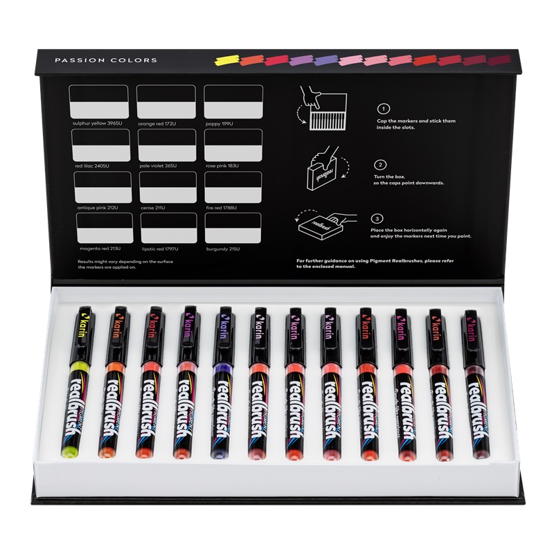Akrylové fixy KARIN RealBrush Pigment, 12ks Passion Colours