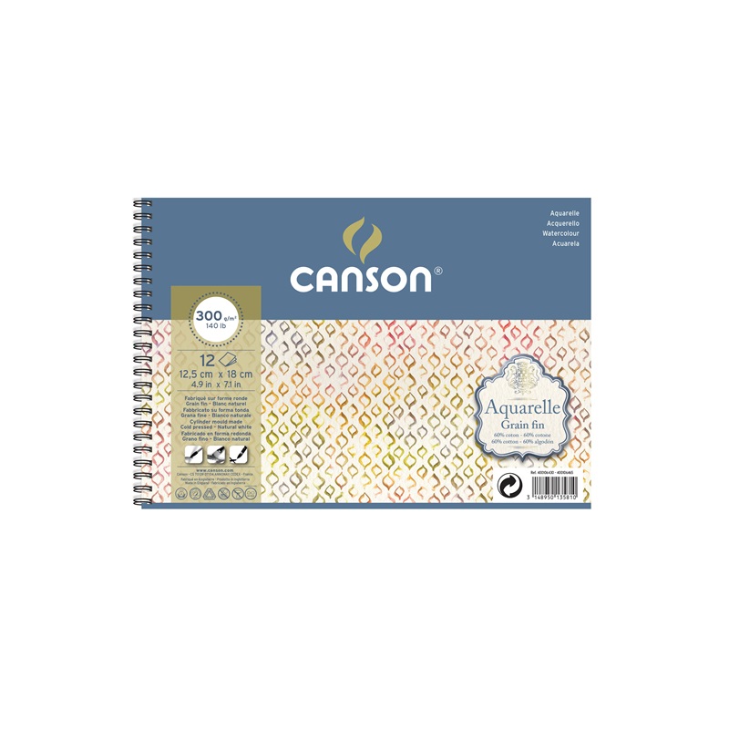 Skicář CANSON Aquarelle 12,5x18cm, 12 listů 300g CP