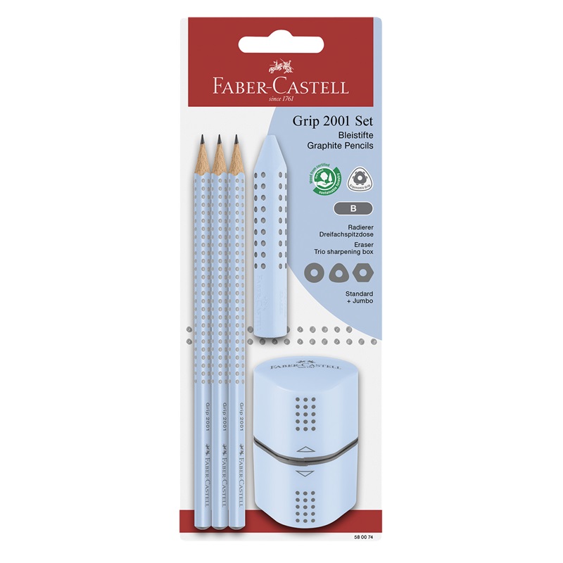 FABER-CASTELL grafitová tužka Grip, B nebesky modrá 3ks + příslušenství