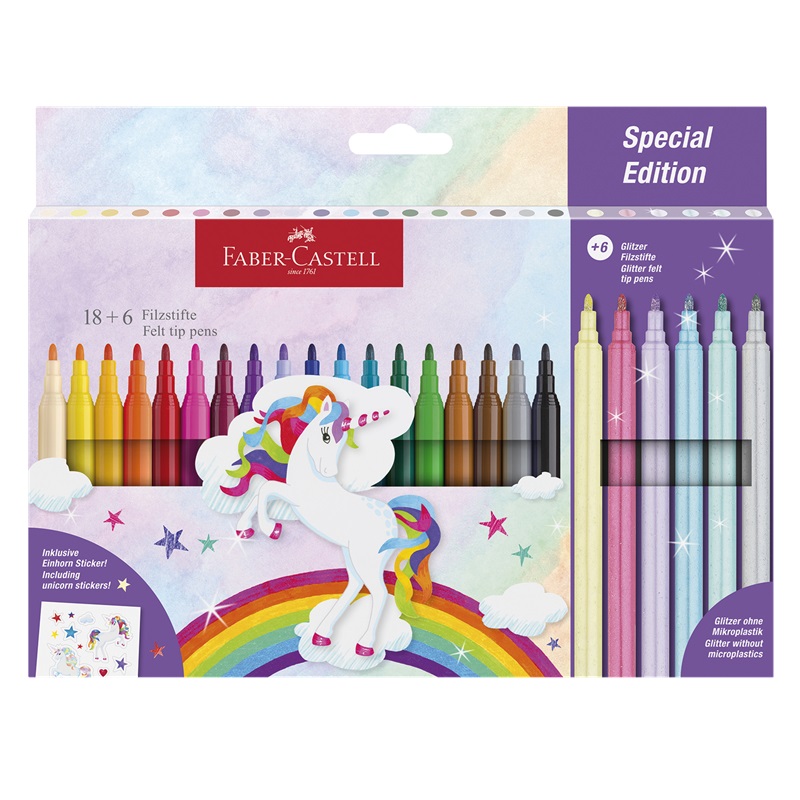 FABER-CASTELL dětské fixy Unicorn, set 18ks + 6ks třpytivé